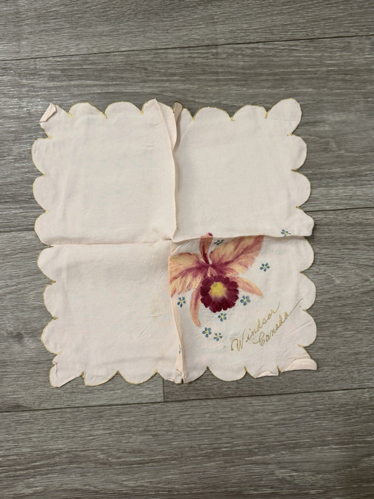 Vintage Windsor Canada Hankerchief Souvenir Hand Painted Pink Floral Hankie
