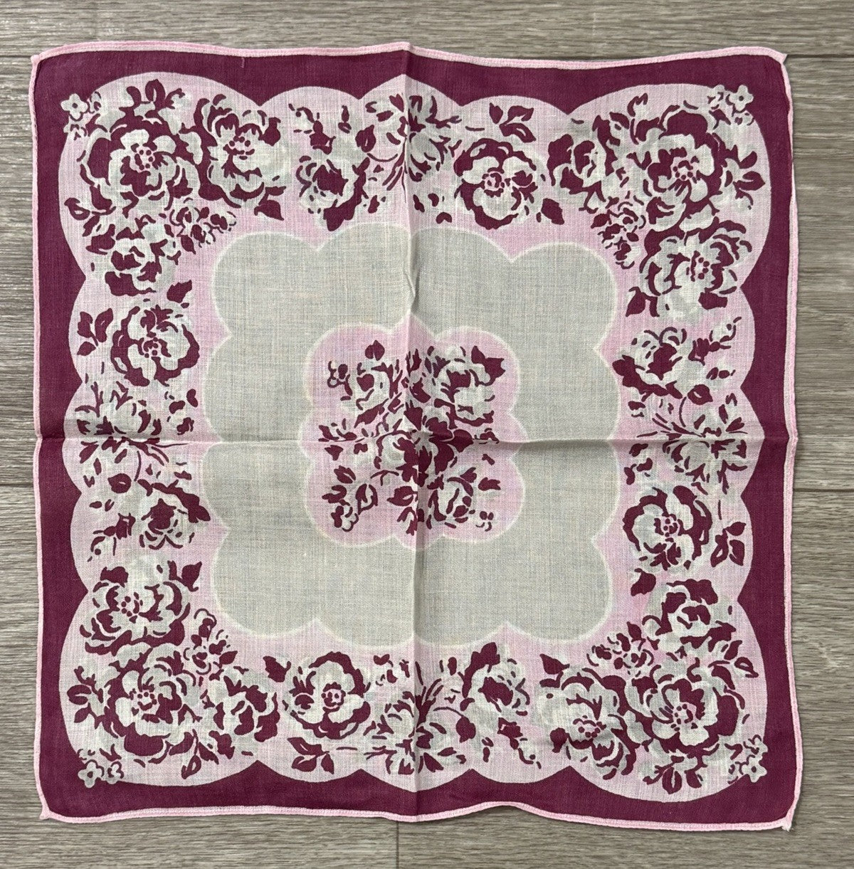 Beautiful Pink, Maroon & White Vtg. Wedding Handkerchief With Floral Roses 11”