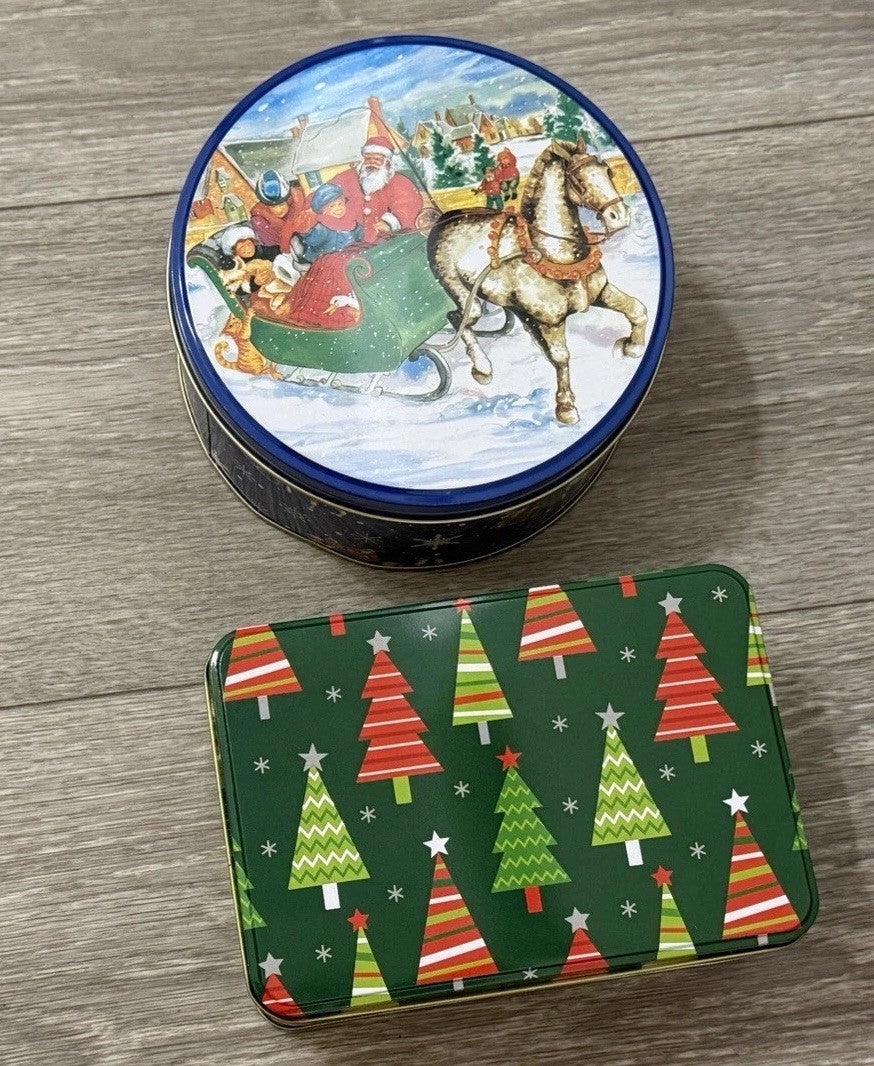 2 Christmas Tins Rnd & Rectangle 6” Diameter & 6.5”x 4.25” Used Great Condition