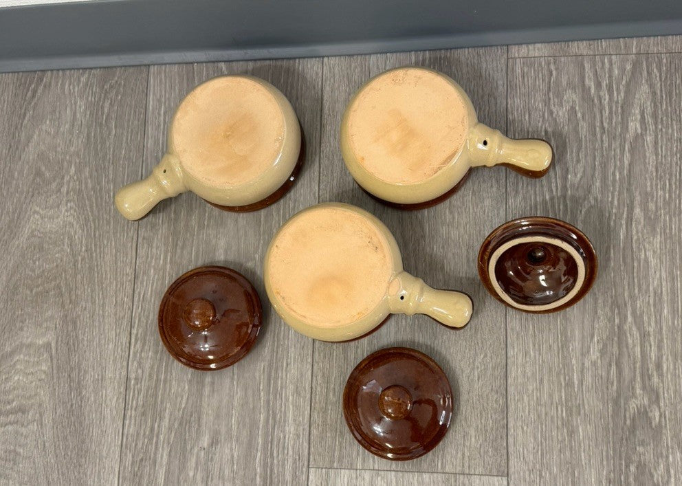 French Onion Crocks with Handle Stoneware with Lids/ Onion Soup Crocks/ Set of 3