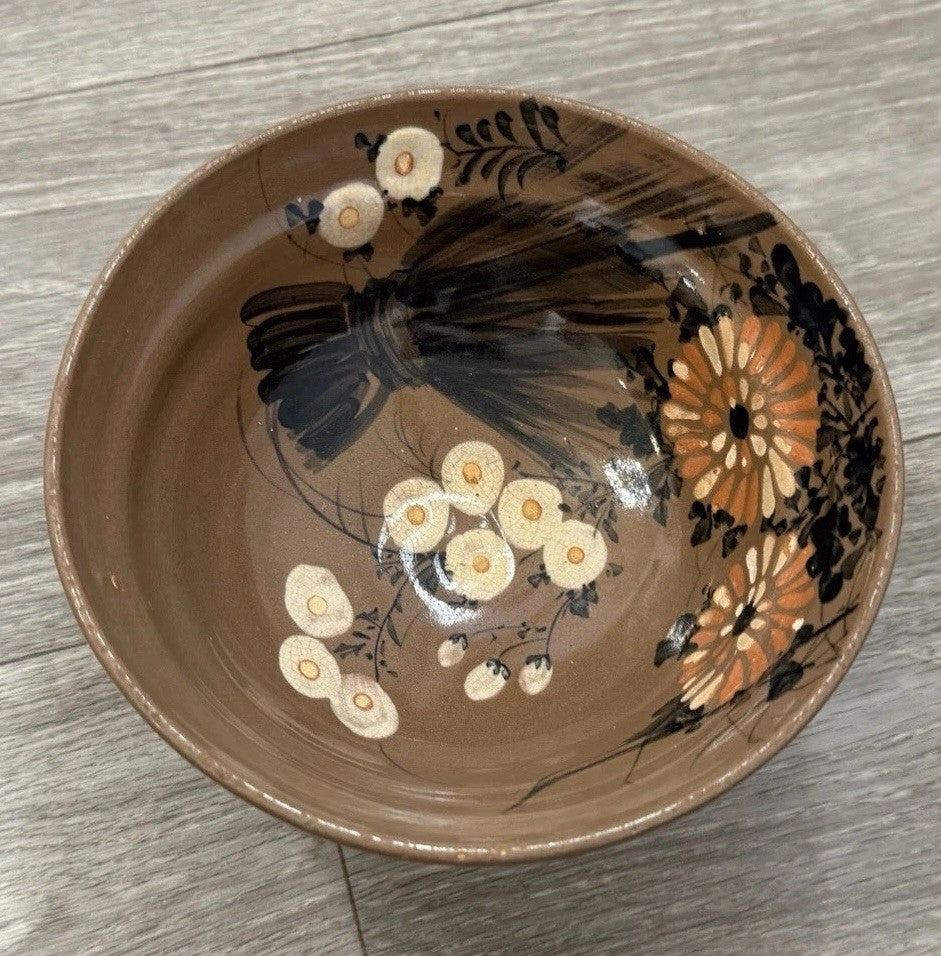 Vintage Japanese Retro Floral Bowl Ceramic Serving Bowl Brown READ