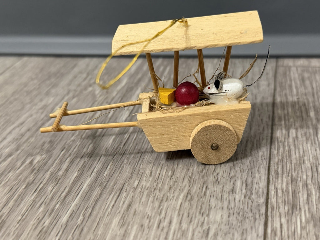 Vintage Pull Cart Christmas Ornament With Mouse Cheese And Apple