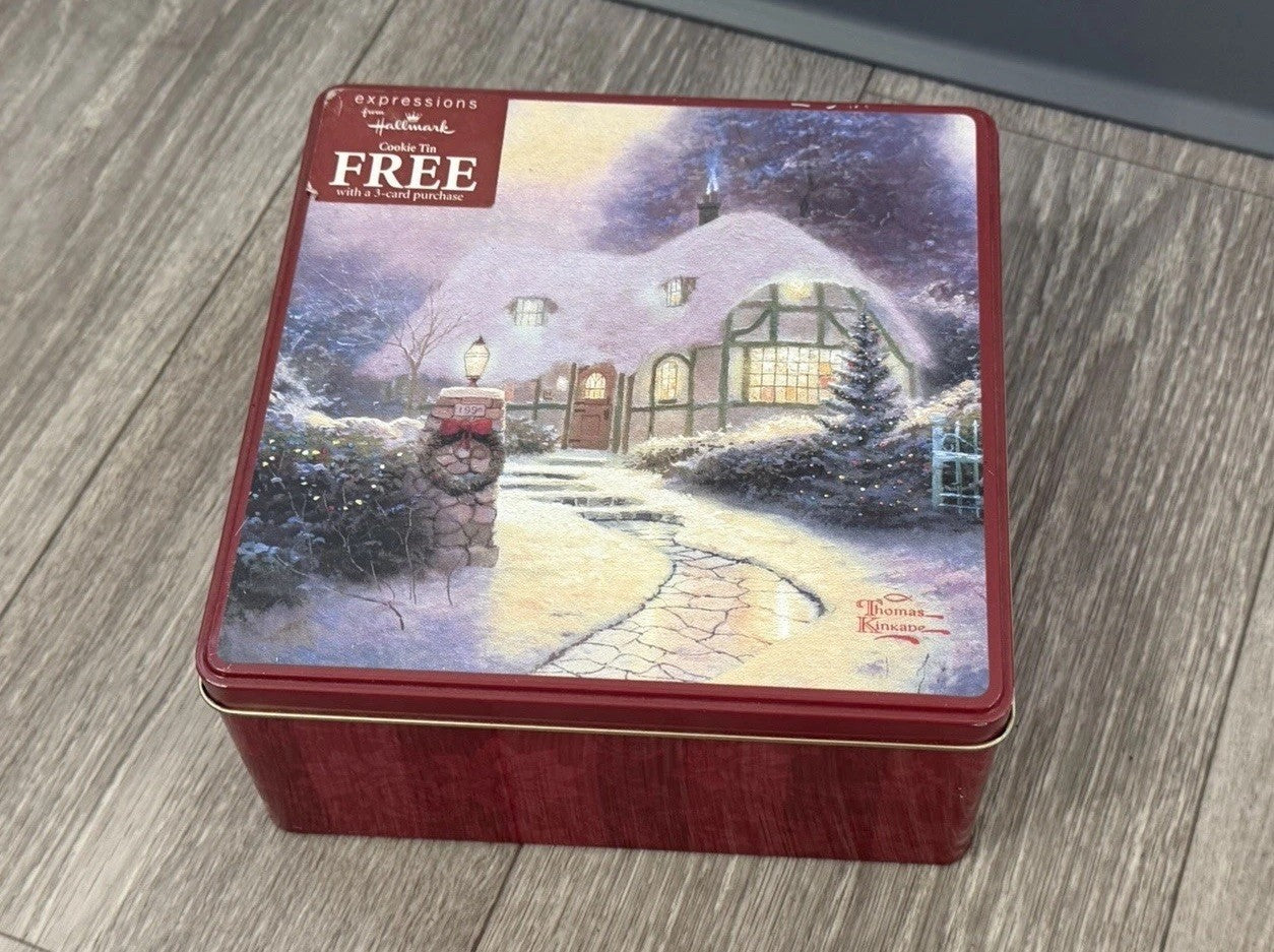 Hallmark/Kroger Thomas Kinkade Maroon/Gold Scenic Square Metal Tin, 7.5x7.5”