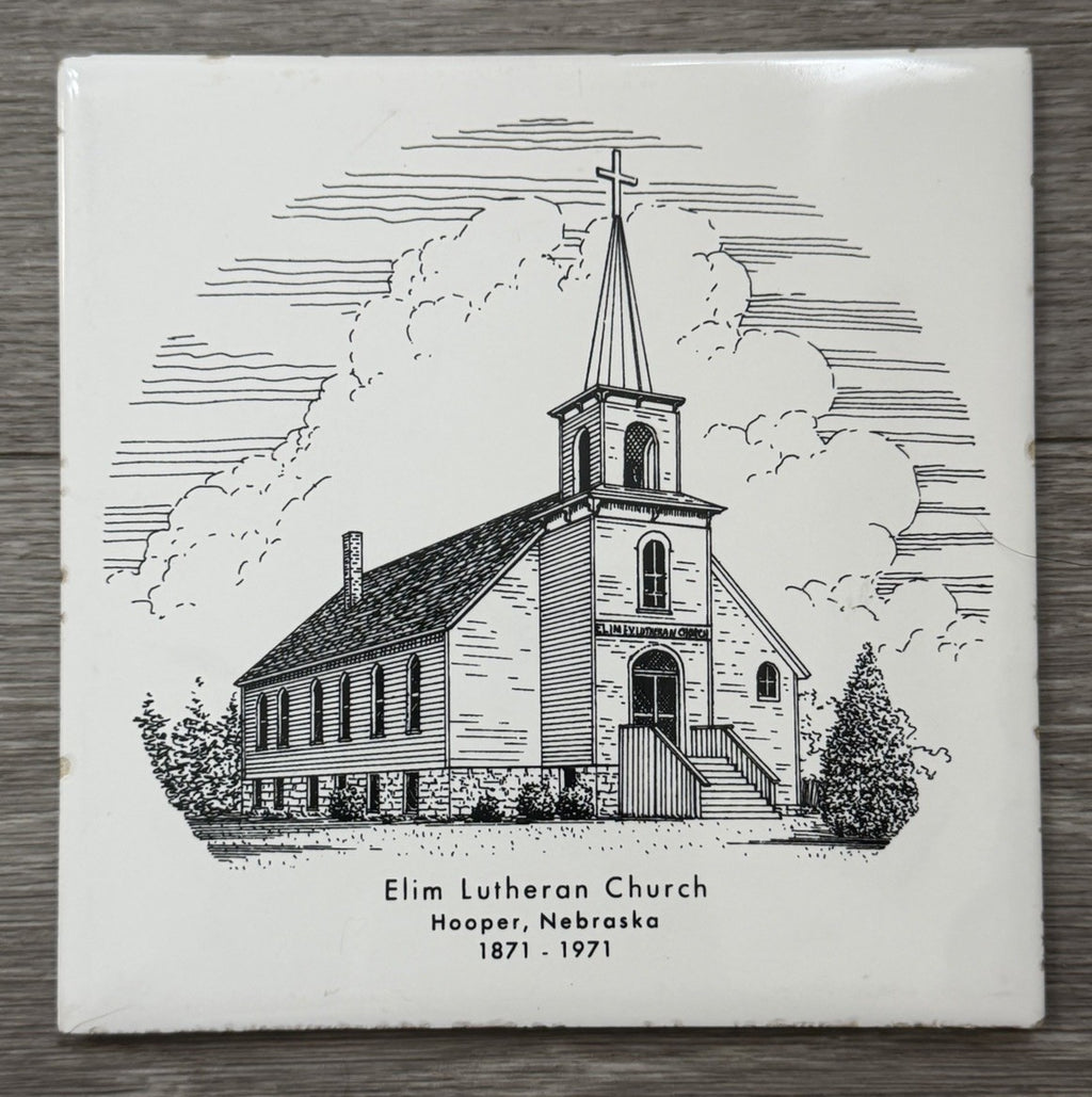 Elim Lutheran Church Hooper, Nebraska 1871-1971 Black & White Tile Trivet Cork