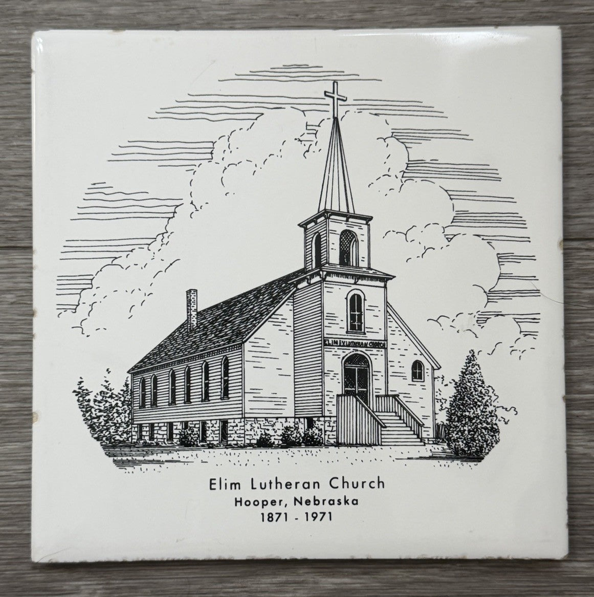 Elim Lutheran Church Hooper, Nebraska 1871-1971 Black & White Tile Trivet Cork