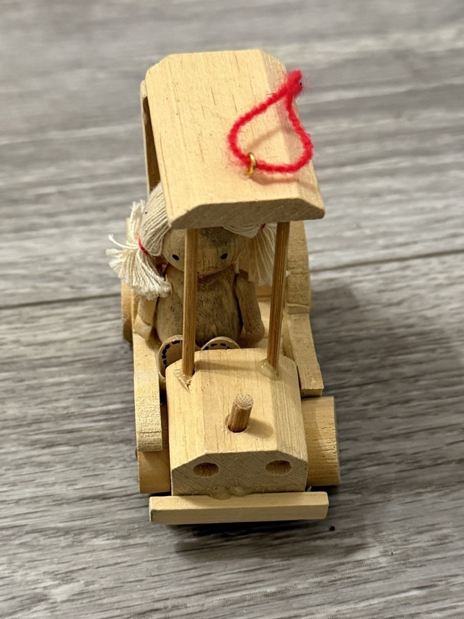 Vintage Handmade Wooden Car Girl Christmas Tree Ornament Heart 80s Doll Folk Art