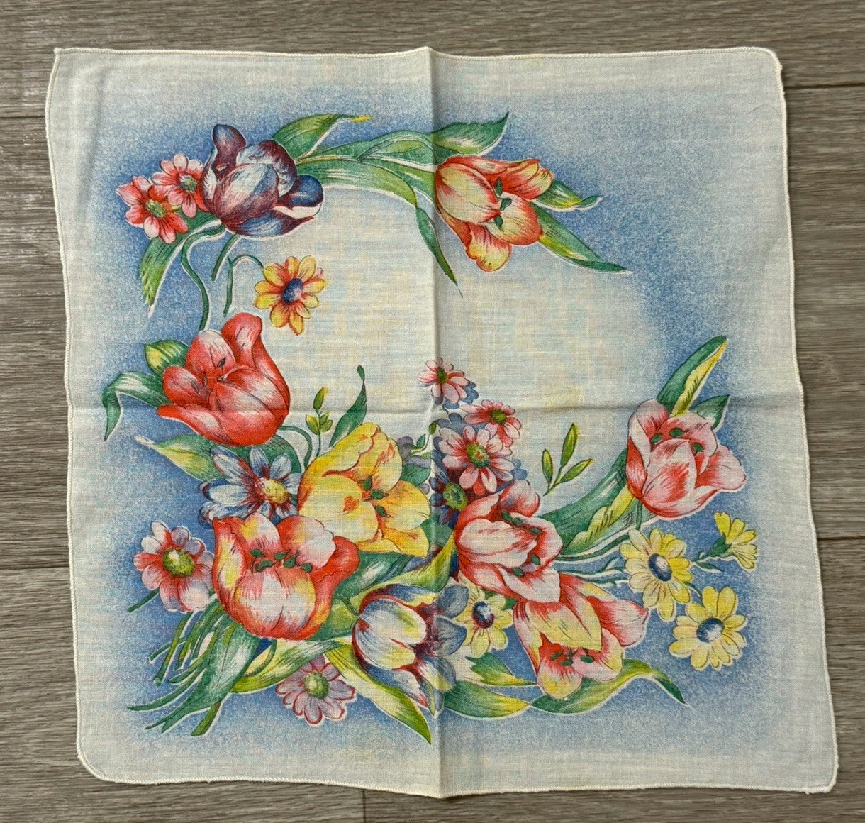 Vintage Beautiful Flowers Spring Easter Handkerchief 10.5” Square