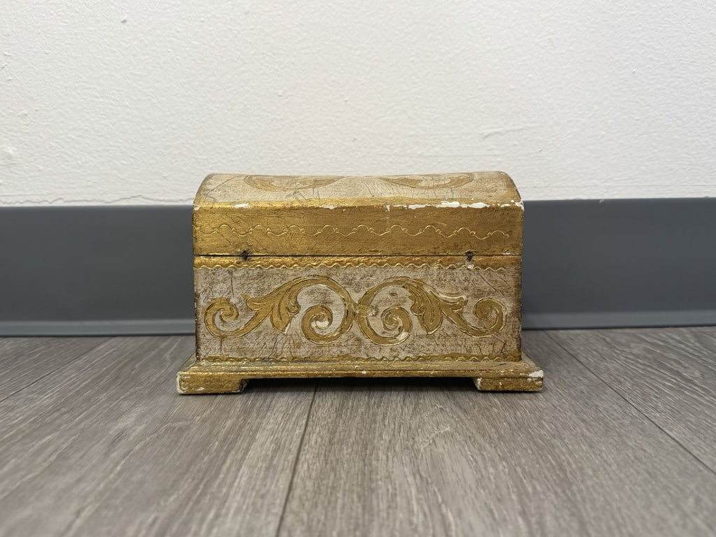 Vintage Domed Wood Gold Gilt Italian Florentine Footed Trinket Box 8”x5”x4.75”