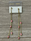 Beaded Drop Dangle Earrings Pink Gold Tone Metal Accent Chains Vintage Fashion