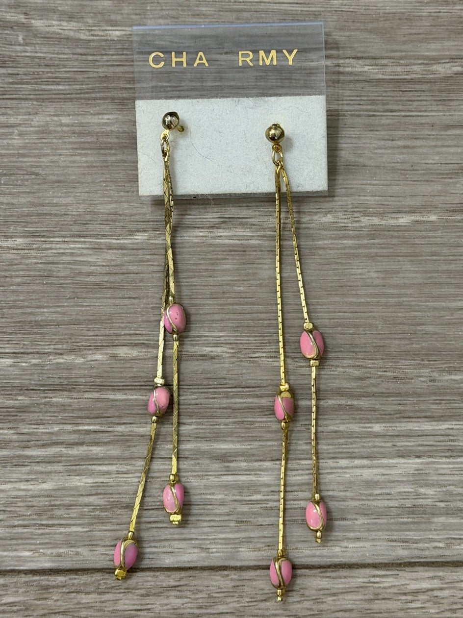 Beaded Drop Dangle Earrings Pink Gold Tone Metal Accent Chains Vintage Fashion