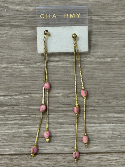 Beaded Drop Dangle Earrings Pink Gold Tone Metal Accent Chains Vintage Fashion