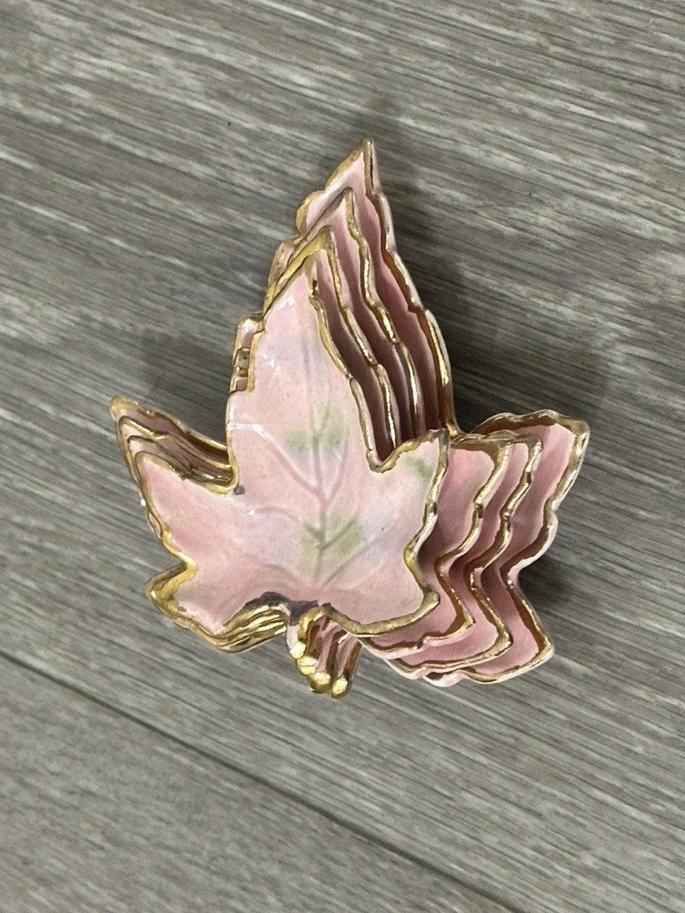 Vintage Ceramic set of 4 Nesting Maple Leaf Dishes 4 inches Pink And Gold