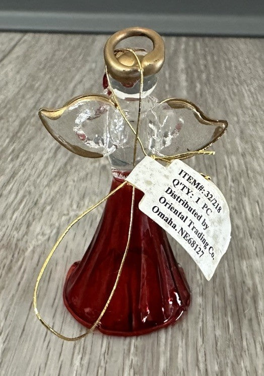 Blown Glass Angel Ornament With Red Heart & Gold Trimmed Wings 2.5"