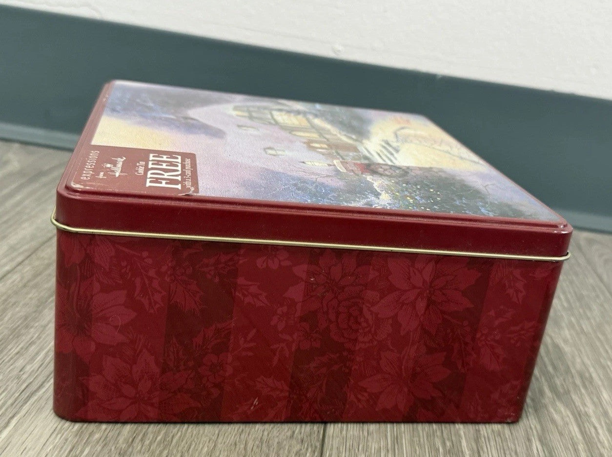 Hallmark/Kroger Thomas Kinkade Maroon/Gold Scenic Square Metal Tin, 7.5x7.5”