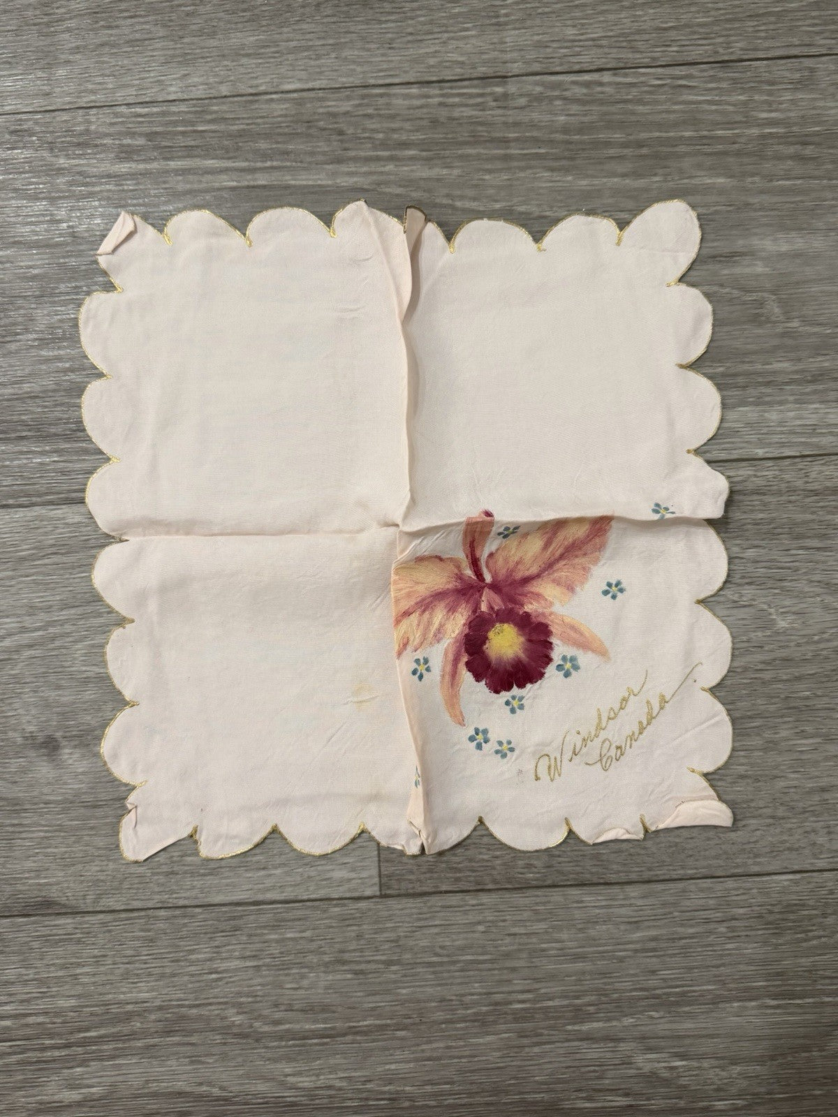 Vintage Windsor Canada Hankerchief Souvenir Hand Painted Pink Floral Hankie