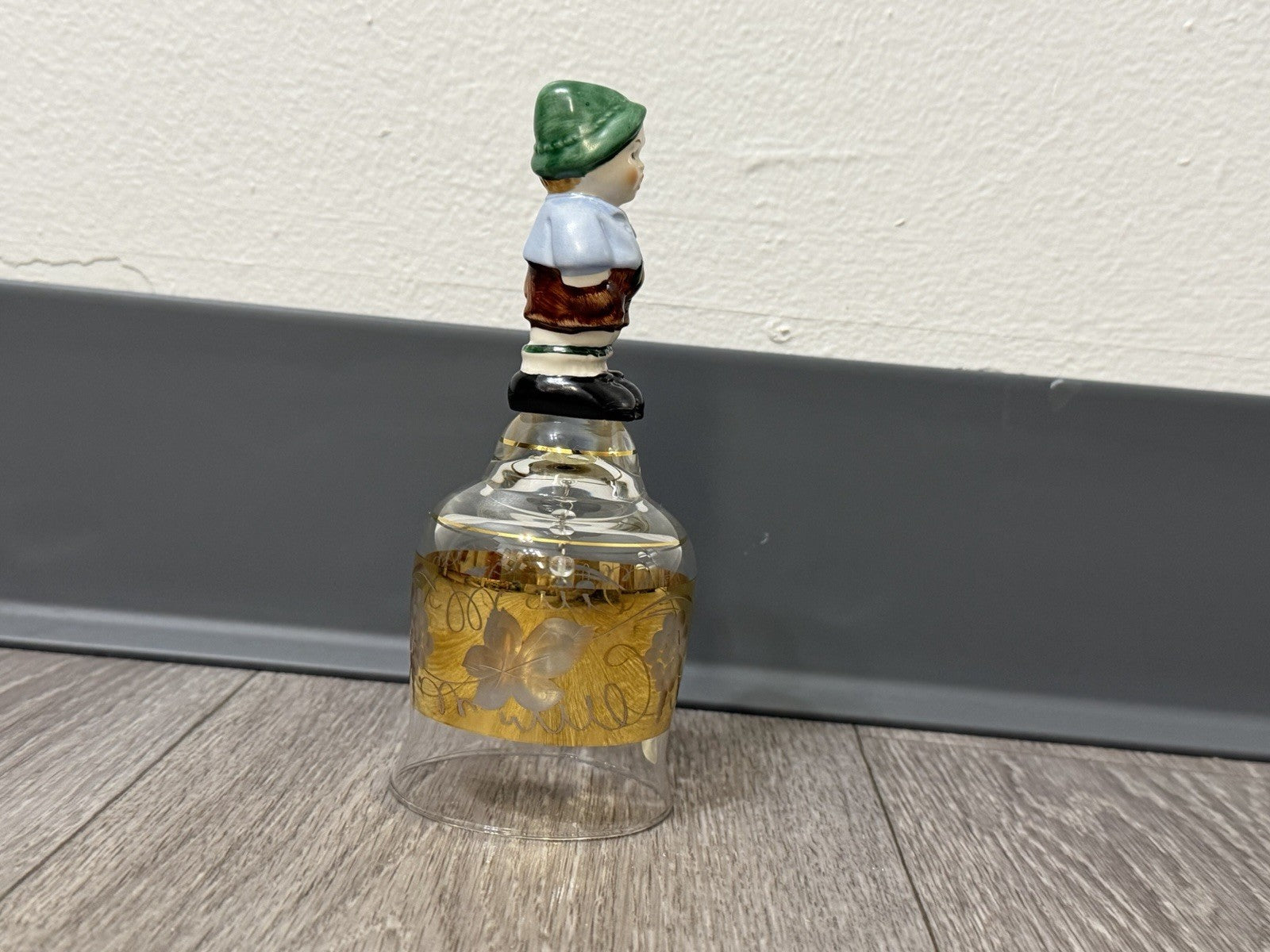 Vintage Goebel Western Germany Etched Crystal Glass Bell Ceramic Boy Handle