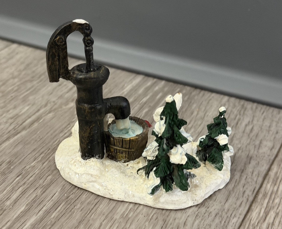 VTG Christmas Village Figurine Water Pump Bunnies Cardinal Bird Resin Snow