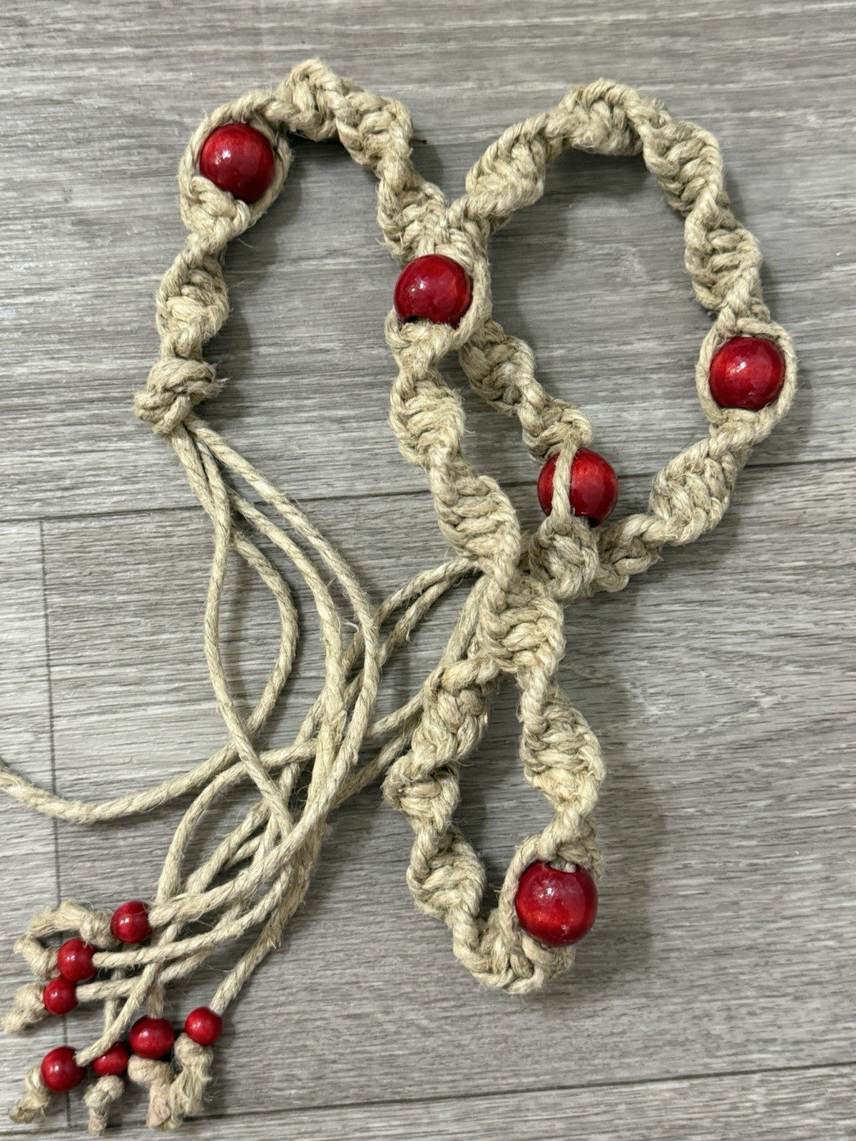 Handmade Hemp Rope Macrame And Red Painted Wood Bead Hippy Boho Tie Belt 50.5”