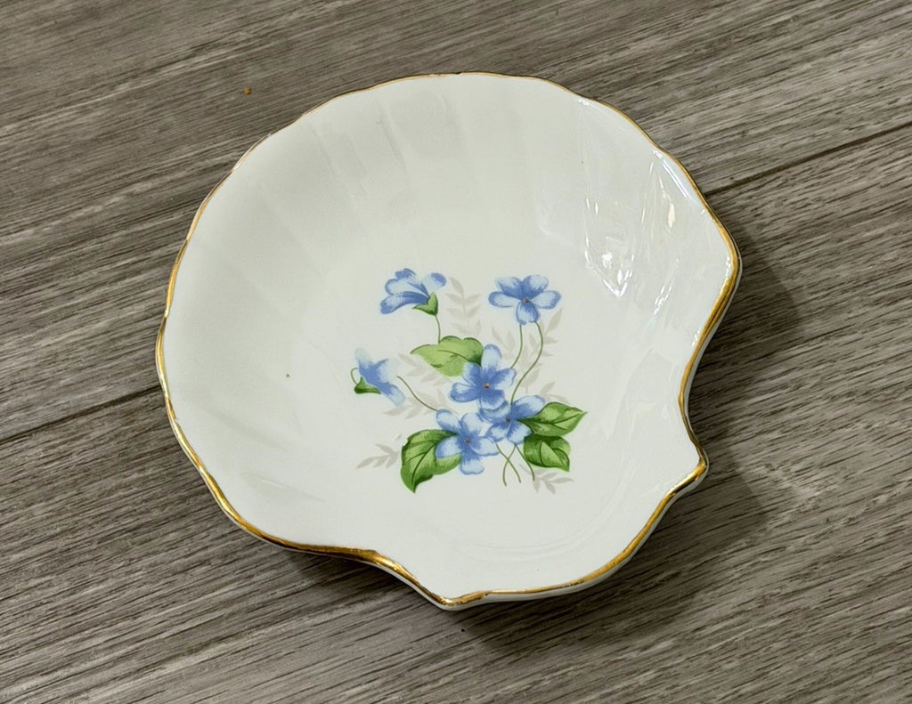 Vintage Apex Sea Clam Shell Gold Rim Blue Flowers Ceramic Trinket Dish