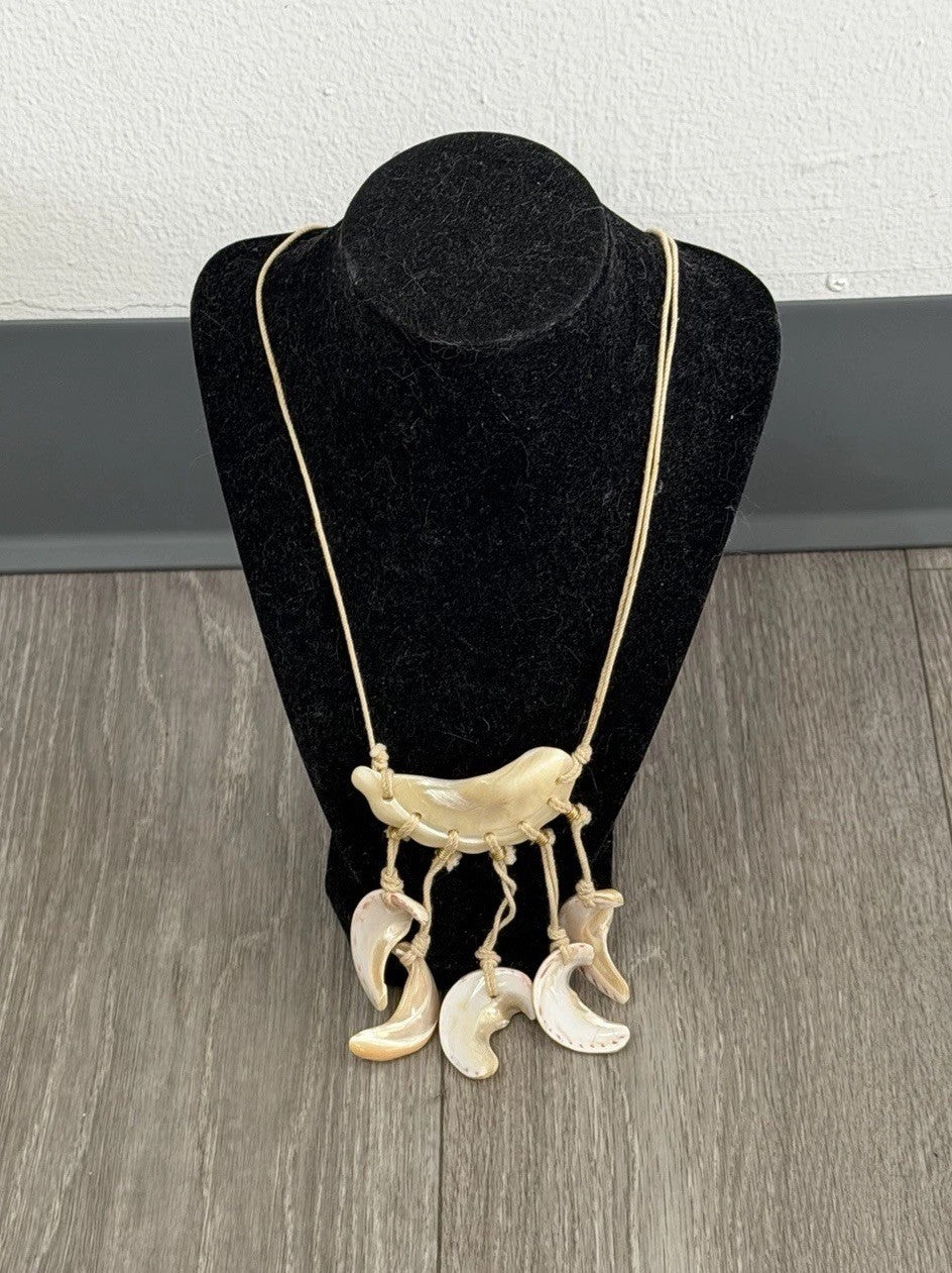 Vintage Hand Knotted Polished Large Sea Shell Beaded Long Necklace Unique Design