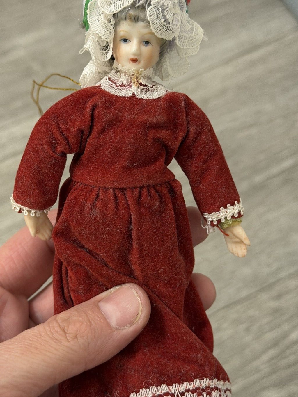 VTG Victorian Style Porcelain Woman Doll Red Velvet Dress/Holly Bonnet Ornament
