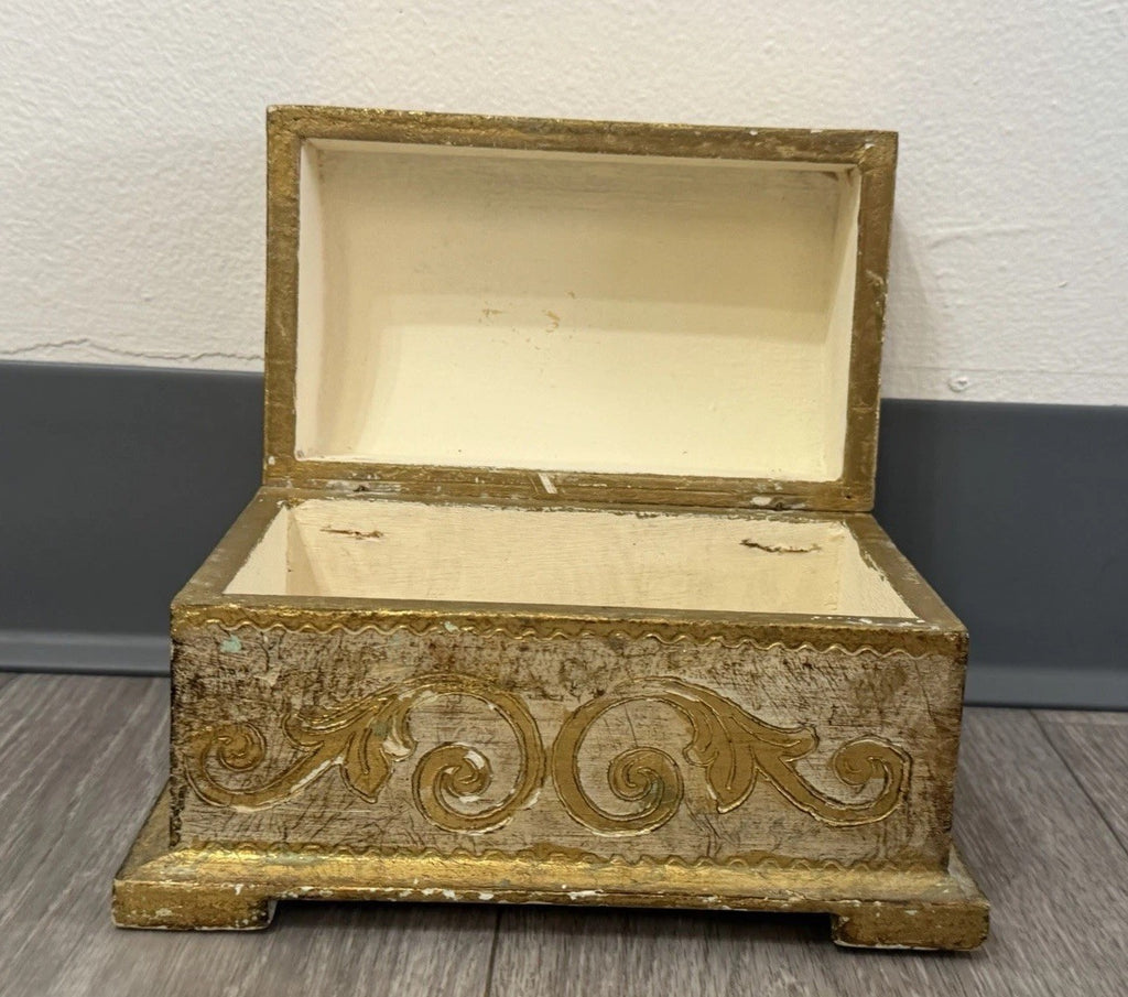 Vintage Domed Wood Gold Gilt Italian Florentine Footed Trinket Box 8”x5”x4.75”