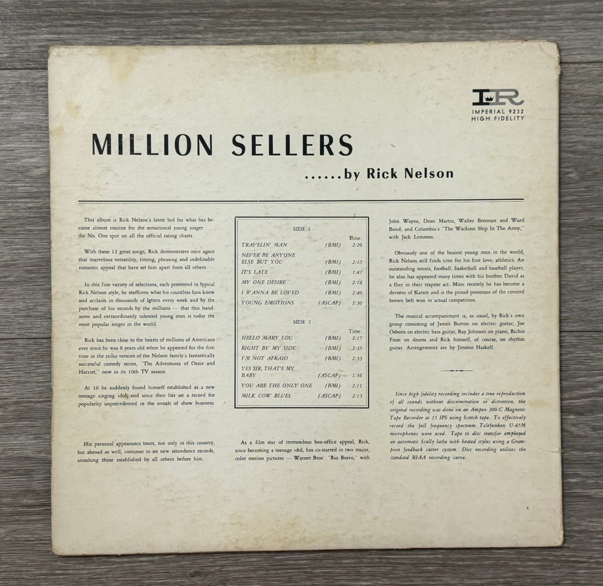 Rick Nelson Million Sellers 12" Vinyl LP Imperial LP-12232