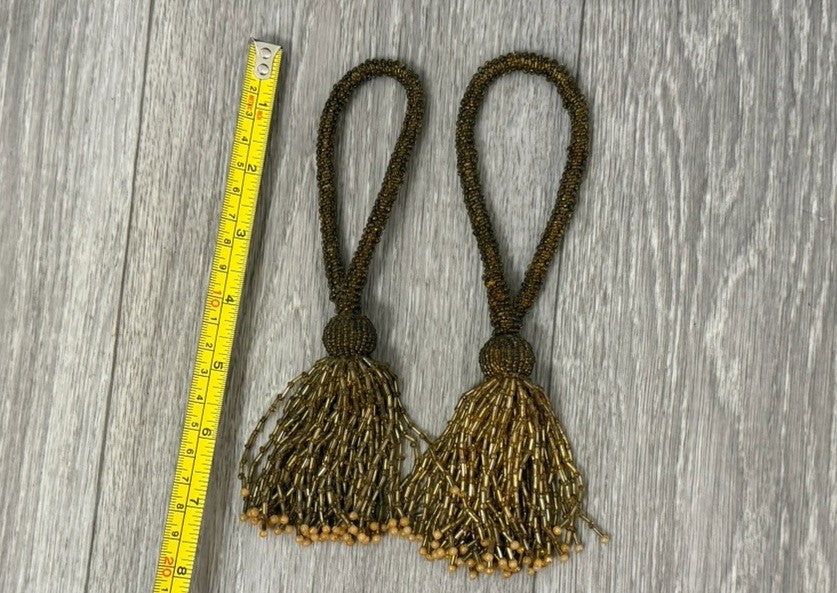 VINTAGE - Set Of Two Gold & Brown Beaded Curtain  Tassels / Tiebacks Home Decor
