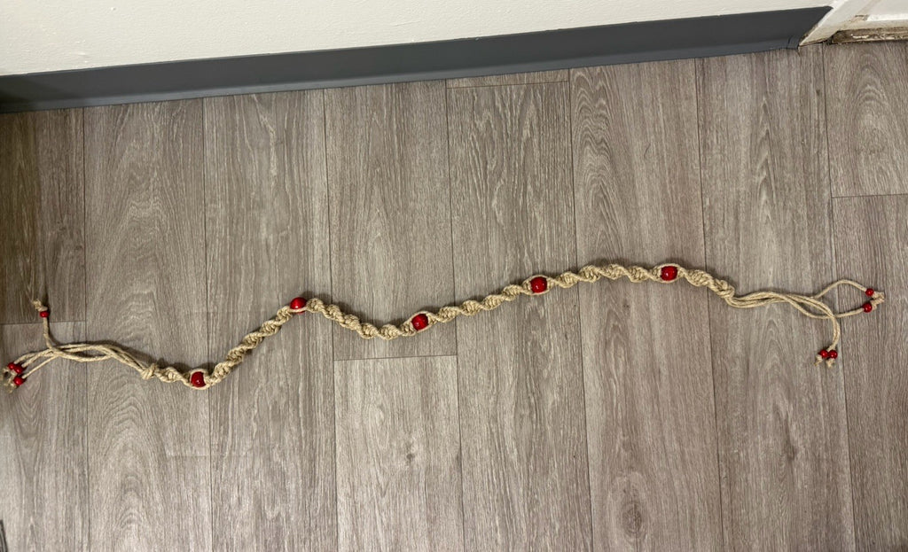 Handmade Hemp Rope Macrame And Red Painted Wood Bead Hippy Boho Tie Belt 50.5”