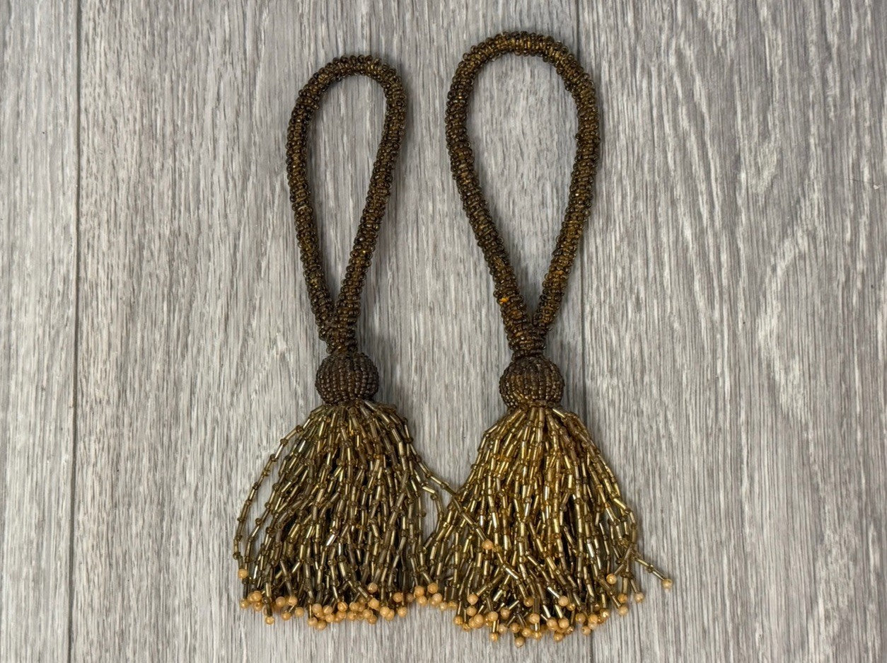 VINTAGE - Set Of Two Gold & Brown Beaded Curtain  Tassels / Tiebacks Home Decor