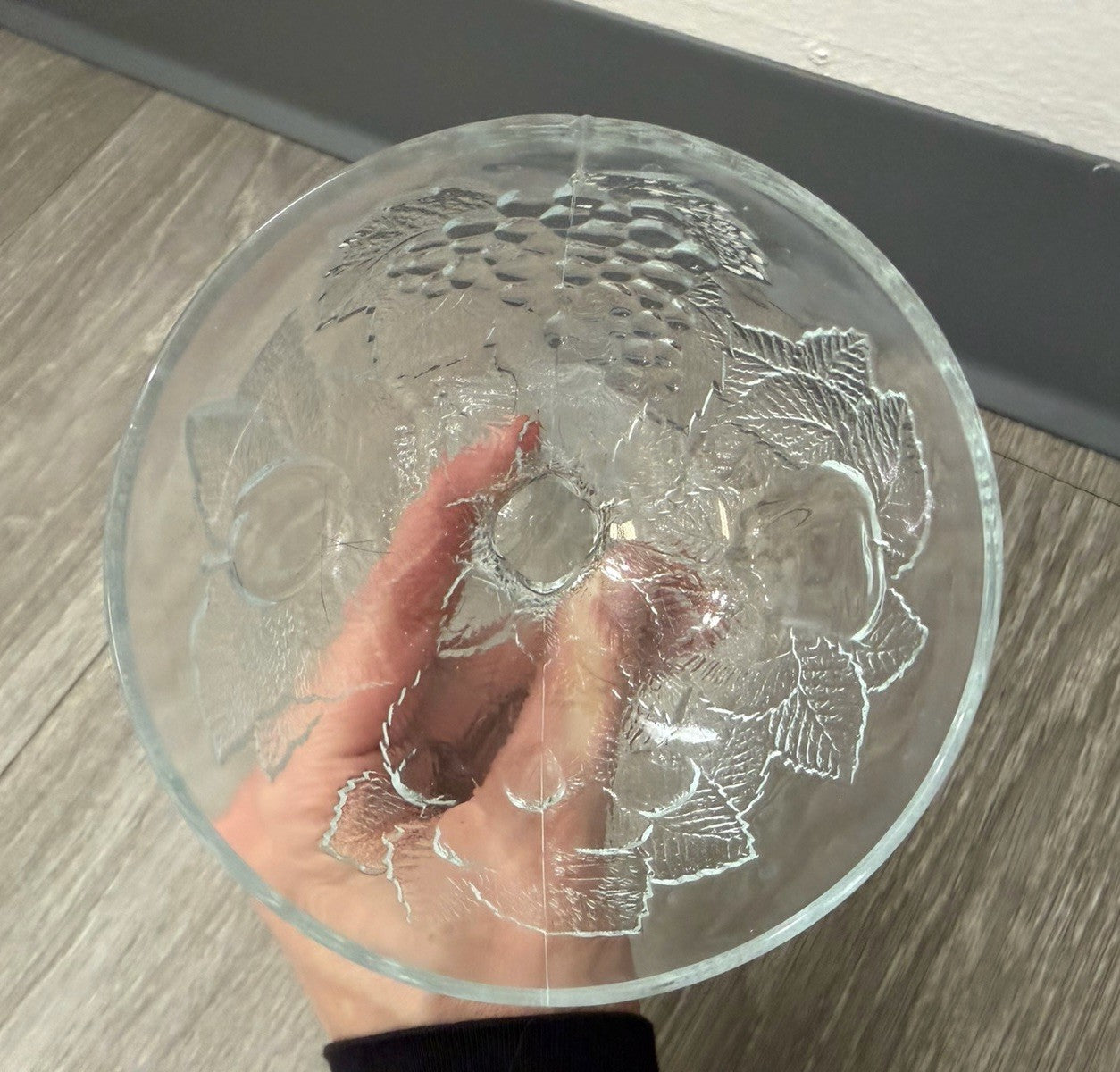 Vintage Footed Glass Bowl W/ Apples & Grapes Fruit Design Holiday Candy Dish