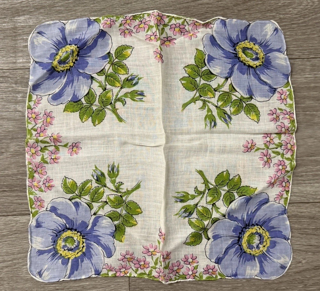 Vintage Blue Flowers W/ Little Pink Flowers Floral Wedding Handkerchief 12” Sq.