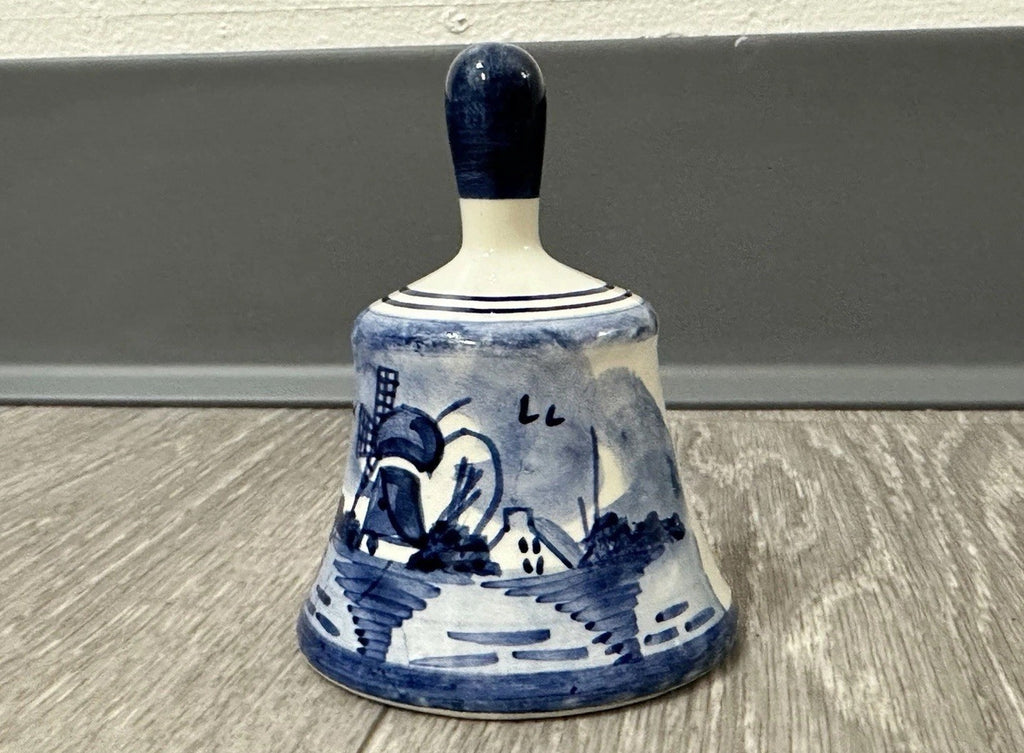 Vintage DELFTt Holland Blue and White Hand-Painted Windmill Leaf Bell 3”