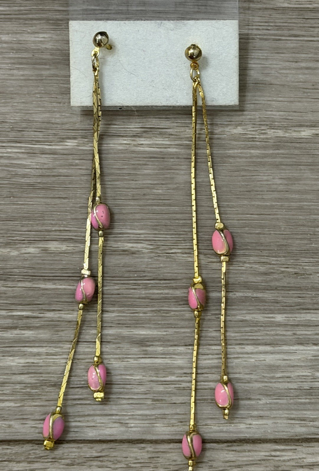 Beaded Drop Dangle Earrings Pink Gold Tone Metal Accent Chains Vintage Fashion