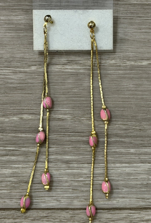 Beaded Drop Dangle Earrings Pink Gold Tone Metal Accent Chains Vintage Fashion