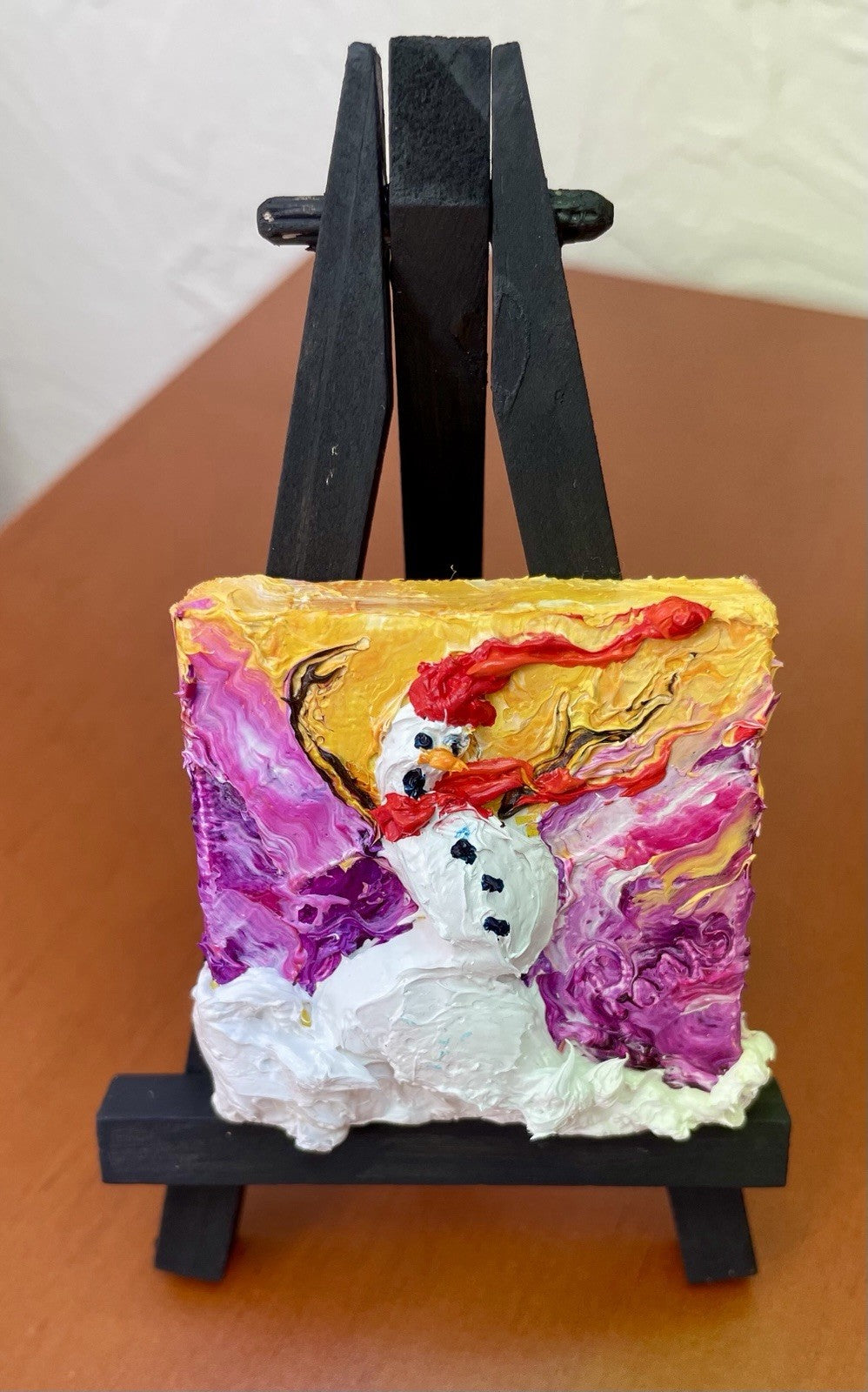 ‘Blown Away’ Snowman New mini oil painting original By Paris Wyatt Llanso 2x2”
