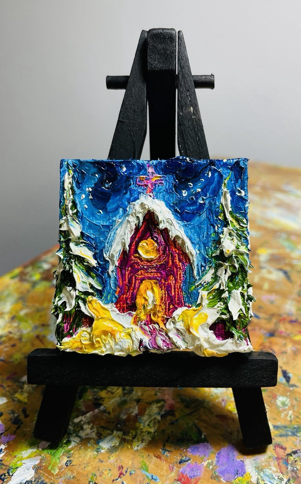 ‘Church In The wild Woods’ New mini oil painting original By Paris Llanso 2x2”