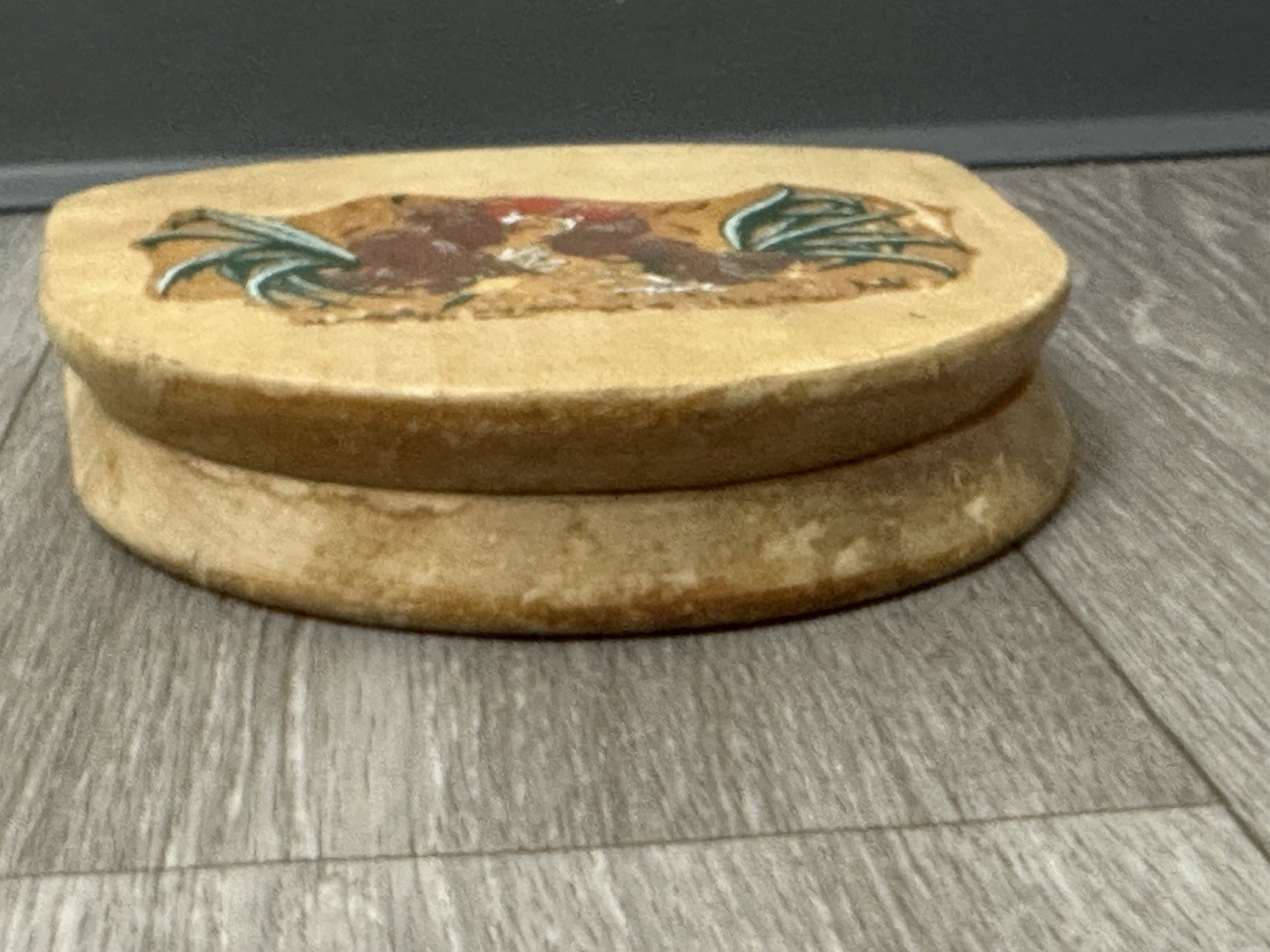 Vintage Wooden Hamburger Press Hand-Painted Folk Art Fighting Roosters Chicken 