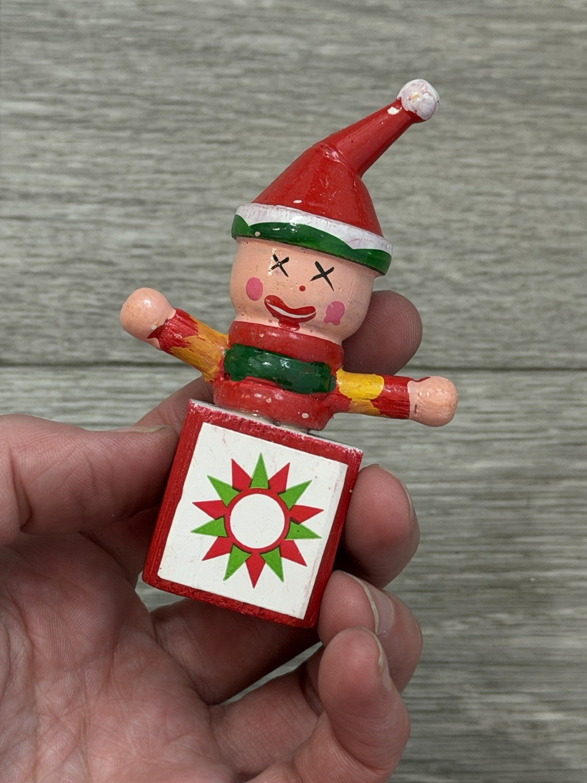 Vintage Wooden Jack In The Box Clown  Red Green Christmas Ornament ~ Taiwan