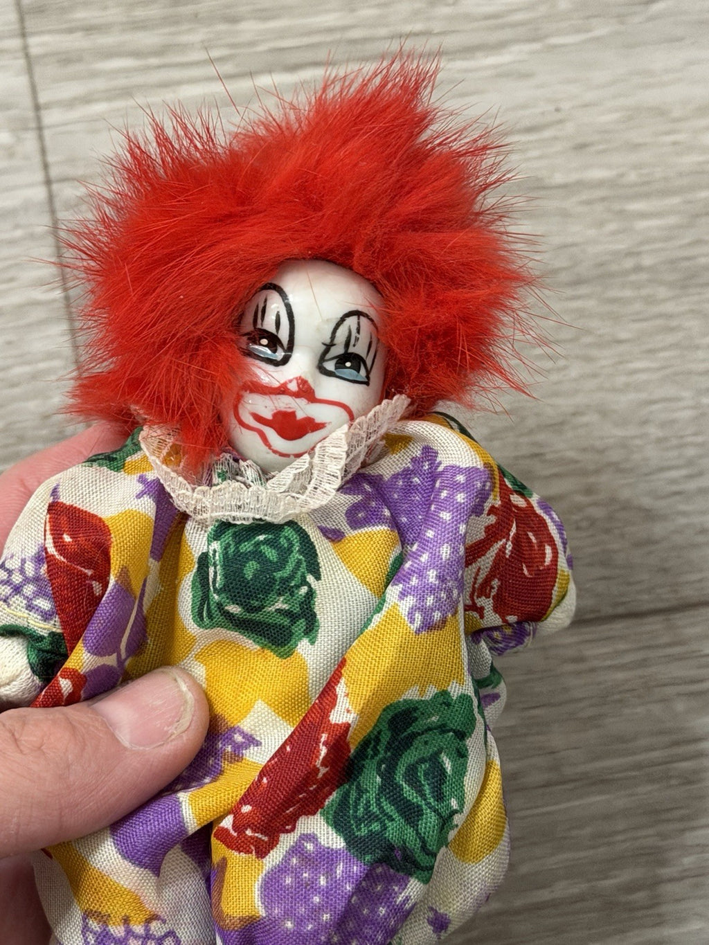 Vintage Imperial Porcelain Face Clown Doll 5” Plush Toy With Wild Red Hair