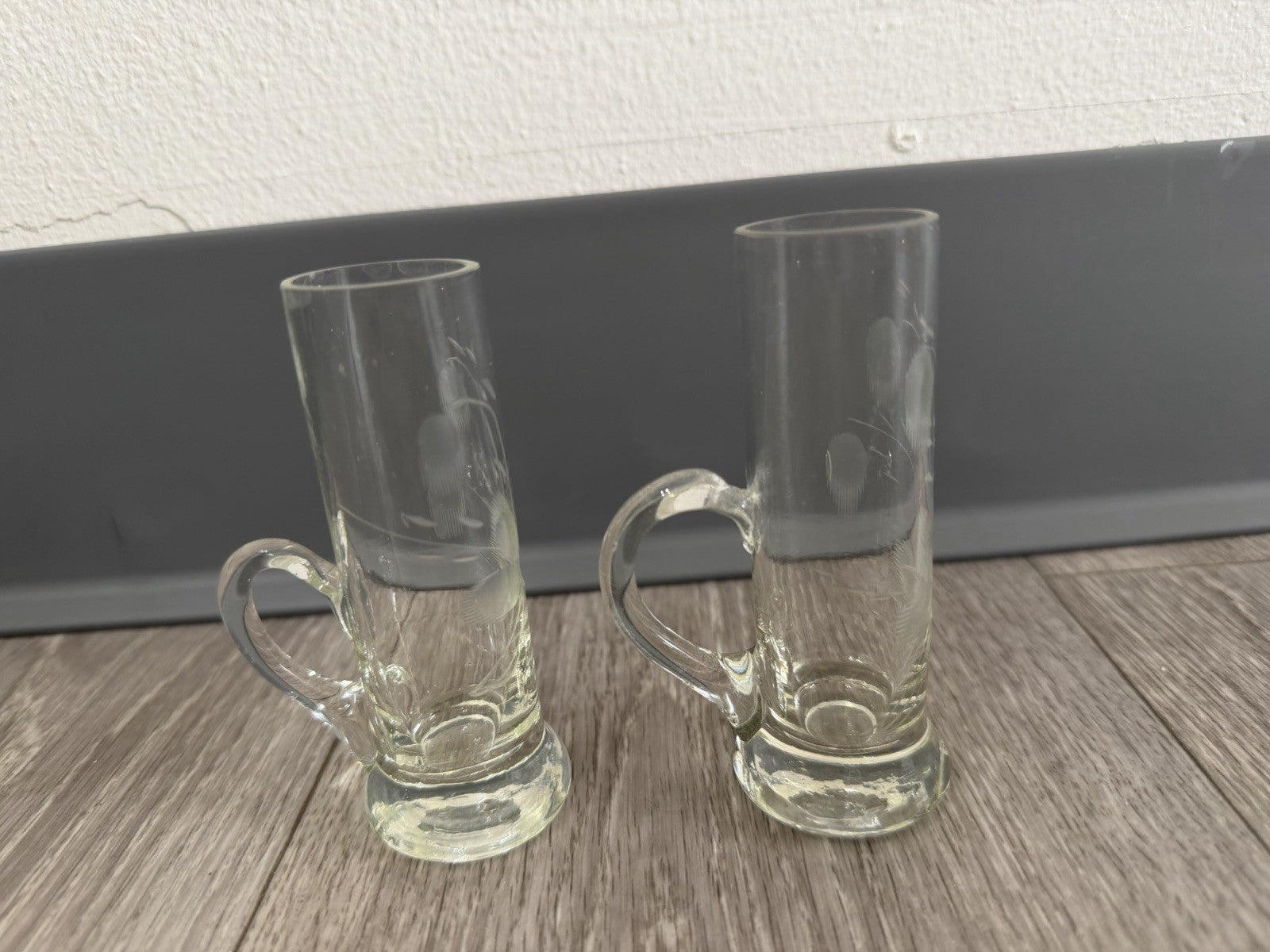 Shot Sake Liqueur Pair Glasses Japanese Etched Plant w/ Handles Vintage CHIPPED