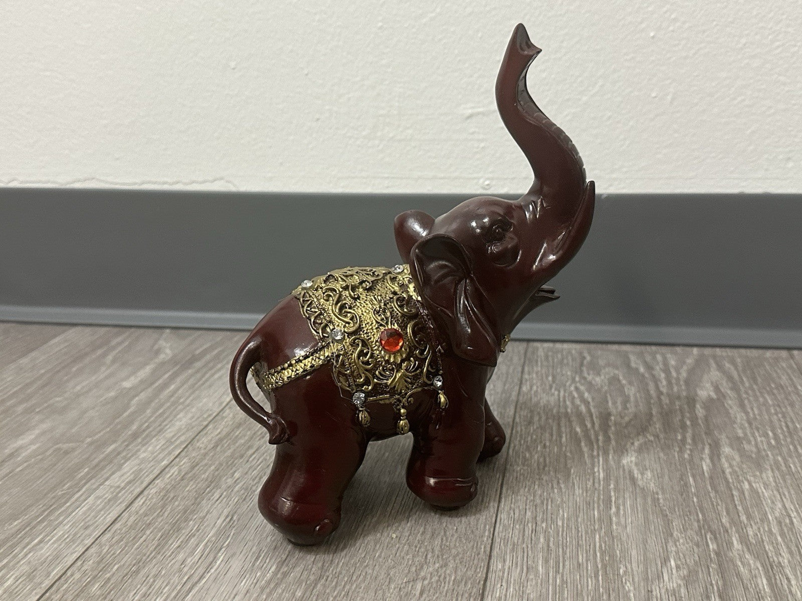 Ornate Decorative Elephant Figurine Red Resin with Gold Accents - Missing 1 Gem