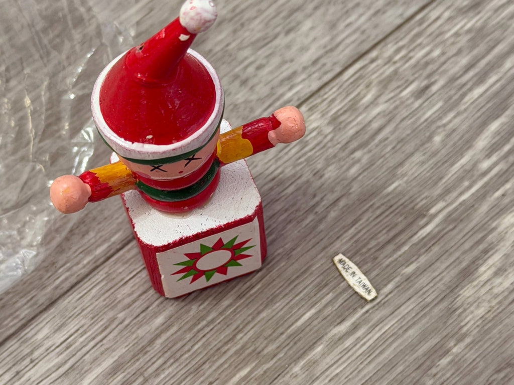 Vintage Wooden Jack In The Box Clown  Red Green Christmas Ornament ~ Taiwan