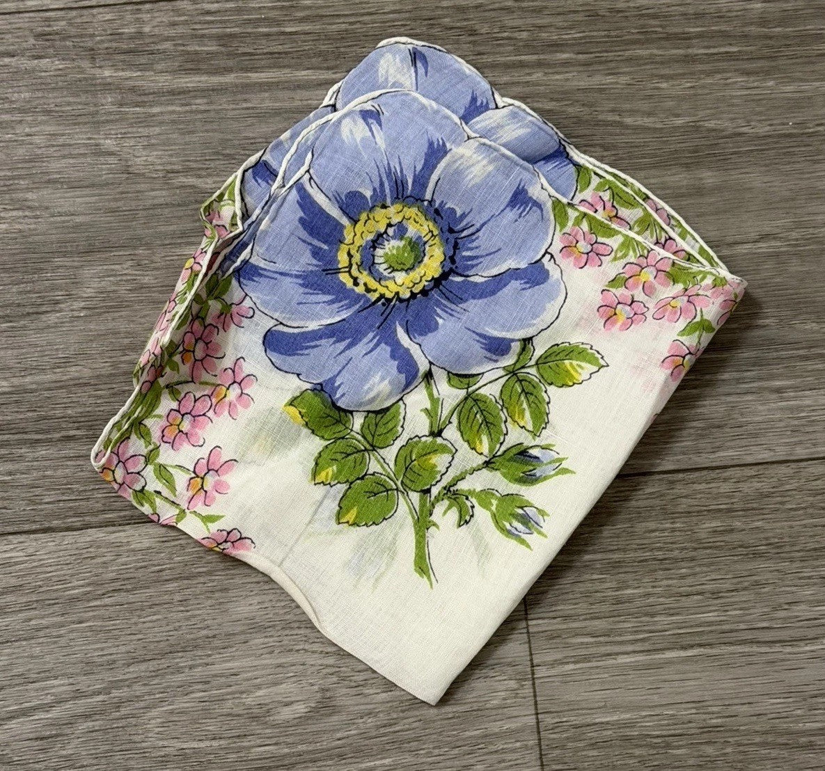 Vintage Blue Flowers W/ Little Pink Flowers Floral Wedding Handkerchief 12” Sq.