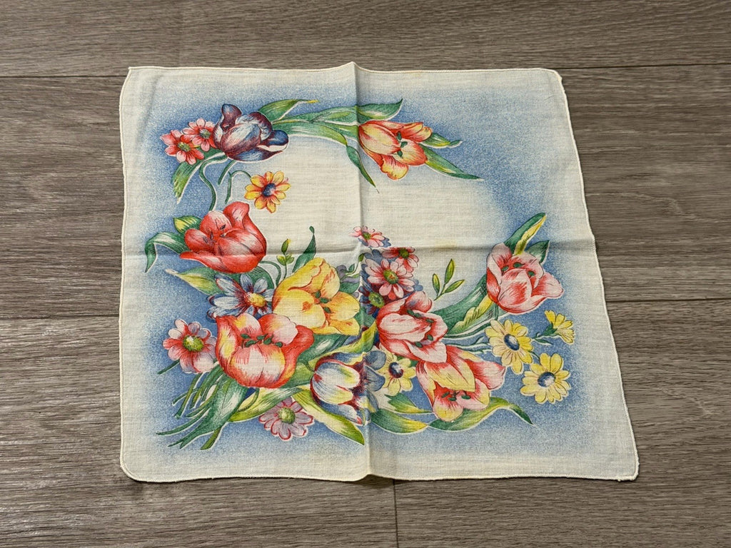 Vintage Beautiful Flowers Spring Easter Handkerchief 10.5” Square