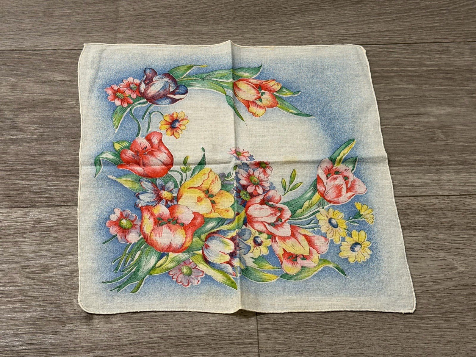 Vintage Beautiful Flowers Spring Easter Handkerchief 10.5” Square