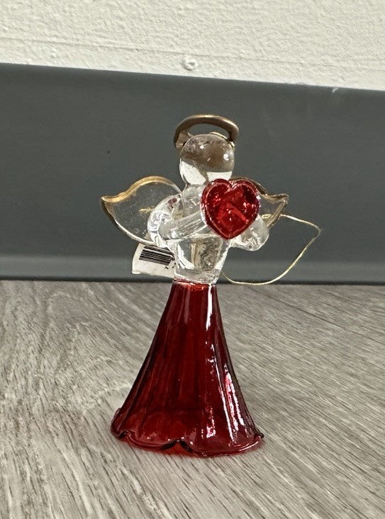 Blown Glass Angel Ornament With Red Heart & Gold Trimmed Wings 2.5"