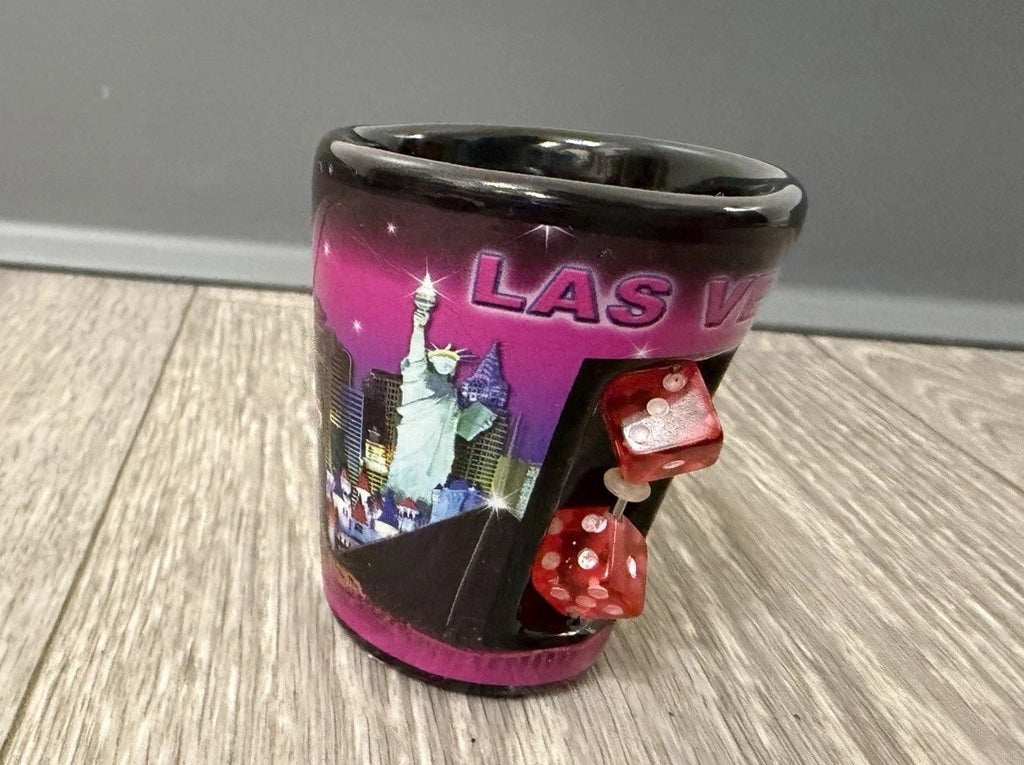 E - Shot Glass - 2.5" Black Las Vegas with inserted Dice