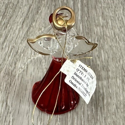 Blown Glass Angel Ornament With Red Heart & Gold Trimmed Wings 2.5"