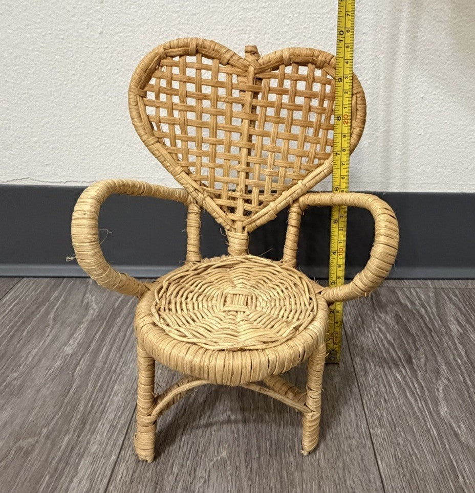 Vintage Cute Heart Wicker Doll, Bear Plush, Chair 9.5" Tall